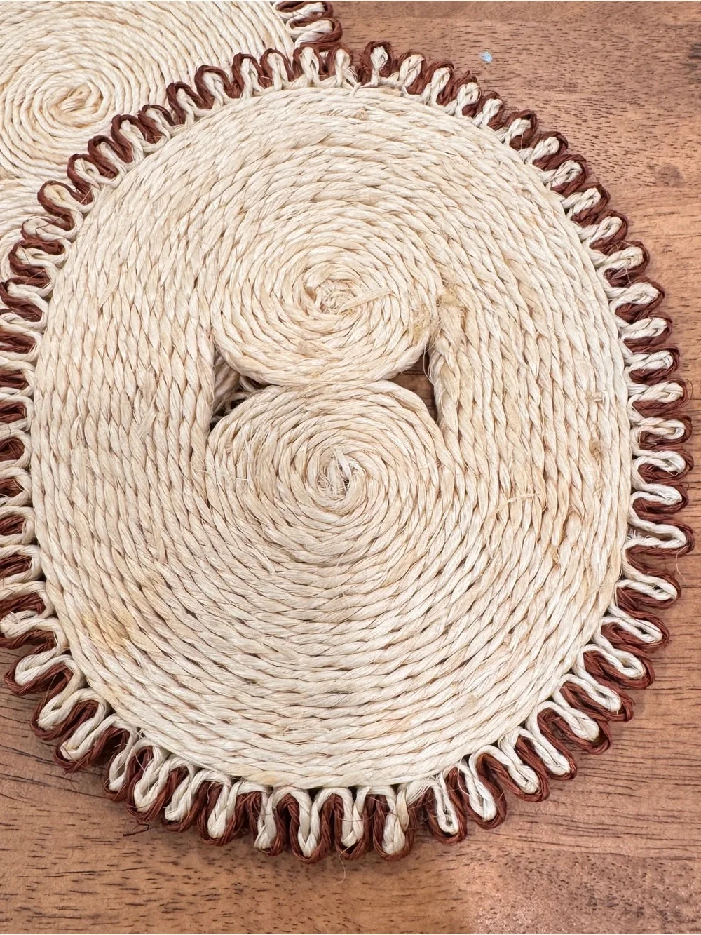 Handcrafted Natural Woven Coasters Set of 2 Oval Brown Scalloped Trim Neutral